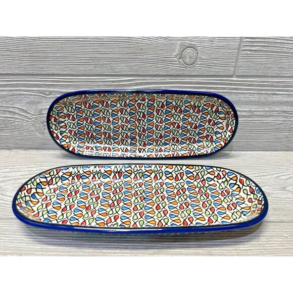 Unmarked Other - Hand-Painted Oval Dishes Made in Poland Set of 2 Ceramic Stoneware Fish Design